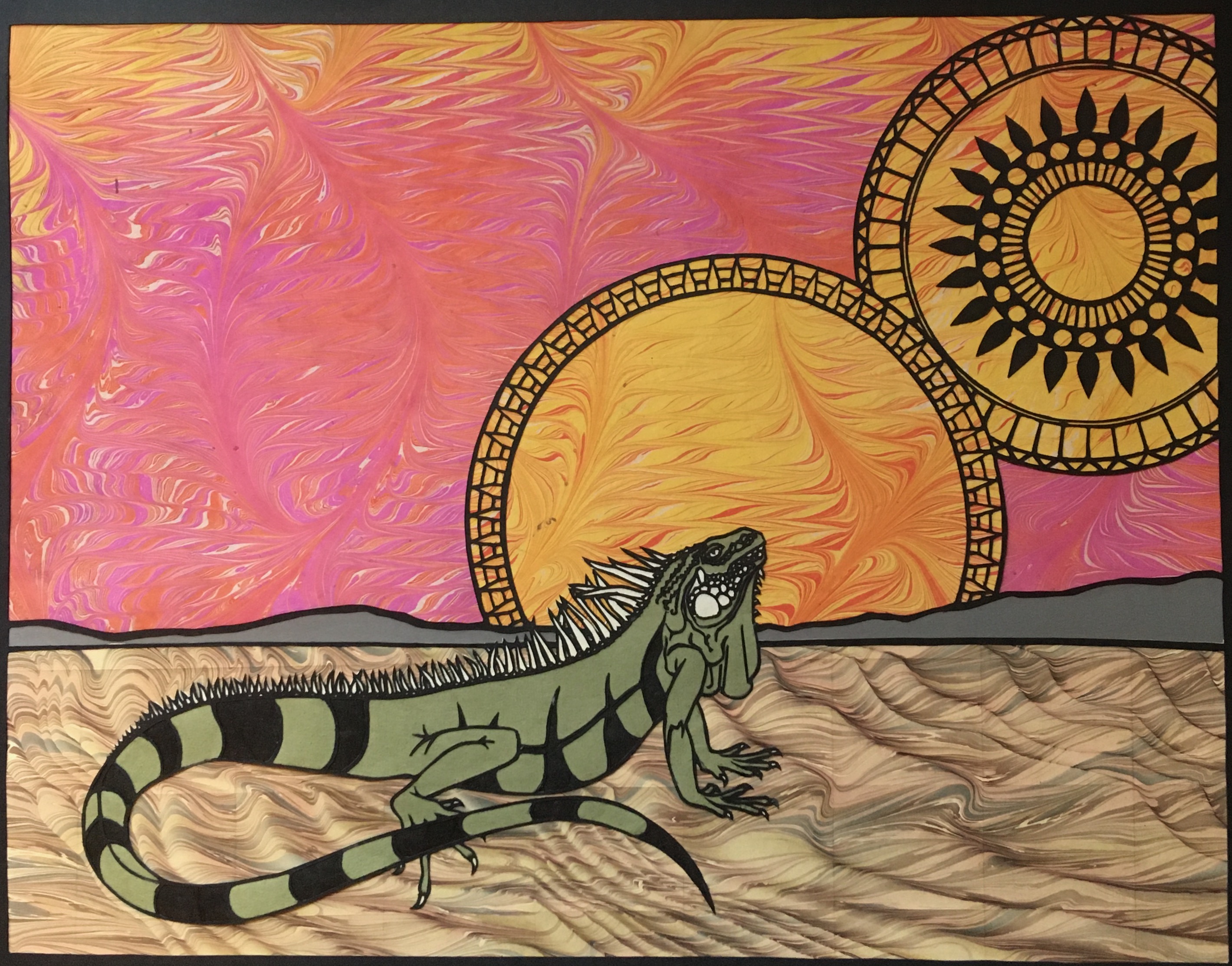 Iguana paper cut with vibrant pink and orange marbled sunset and decorative suns