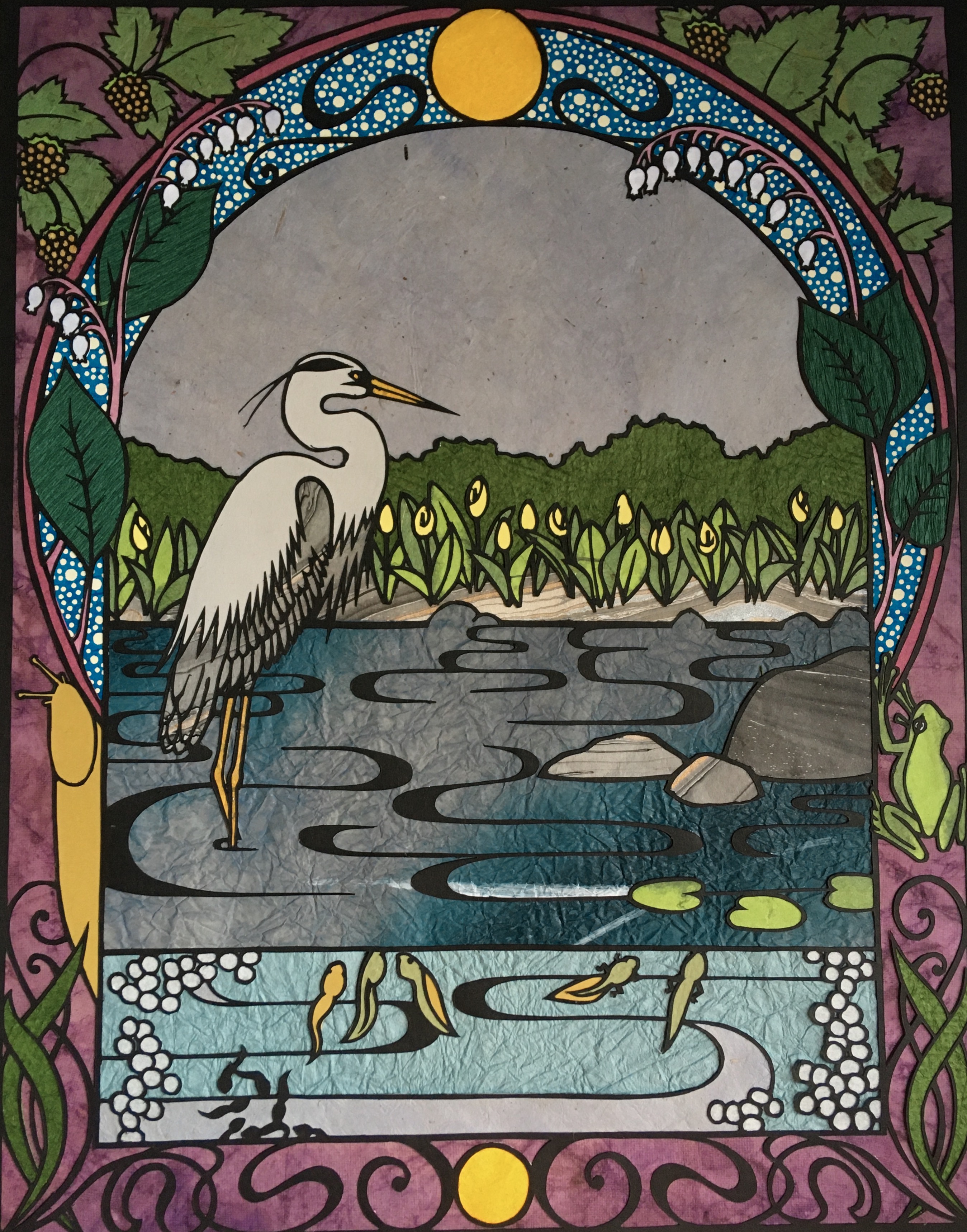 Great blue heron in wetland paper cut with Art Nouveau border, lily pads, and skunk cabbage