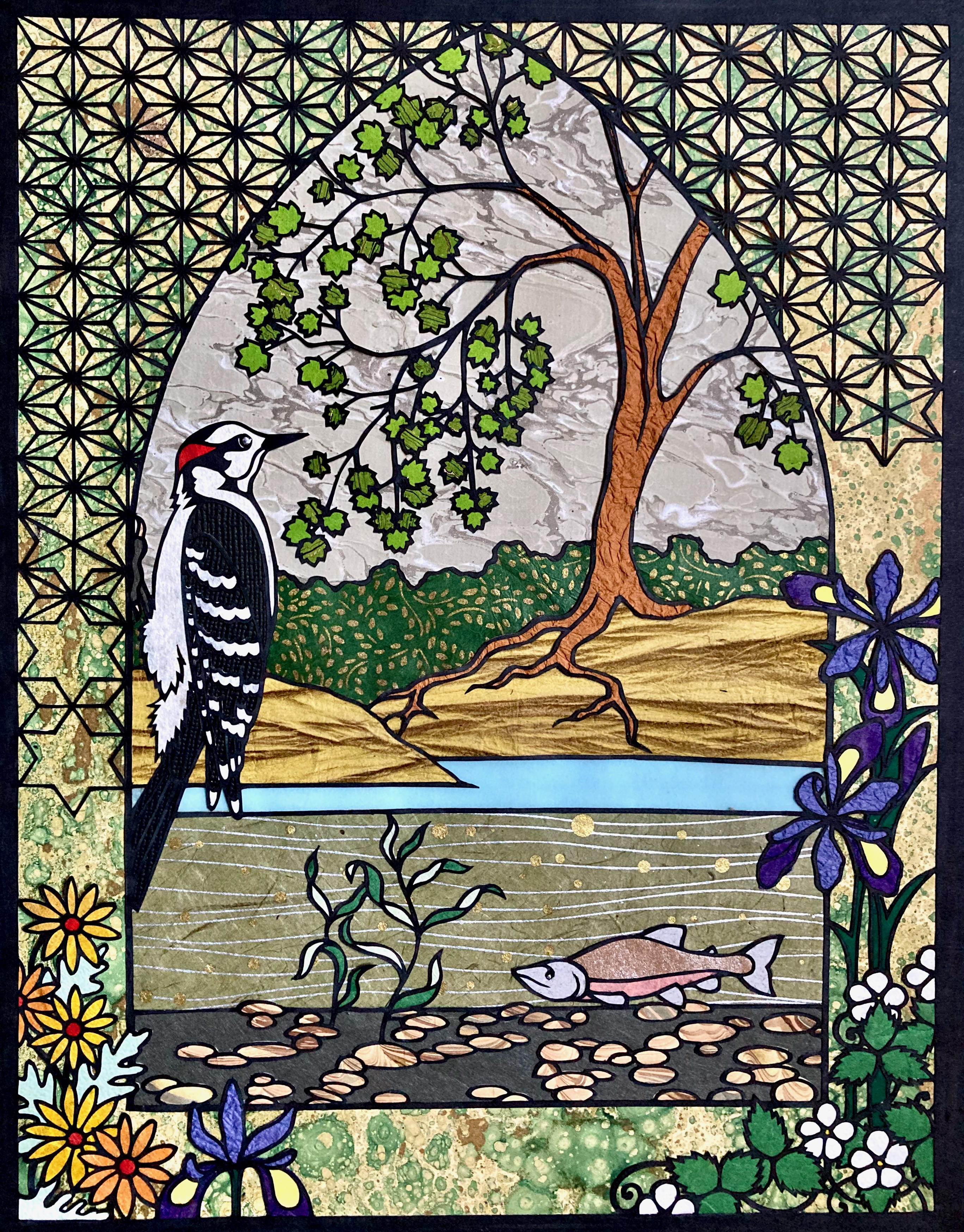 Woodpecker by a stream paper cut with fish, irises, and geometric pattern border