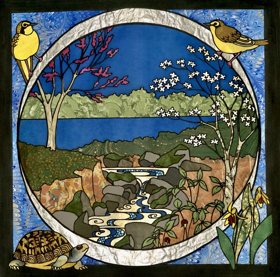 Circular paper cut with goldfinches, box turtle, waterfall, redbud trees, and wild orchid