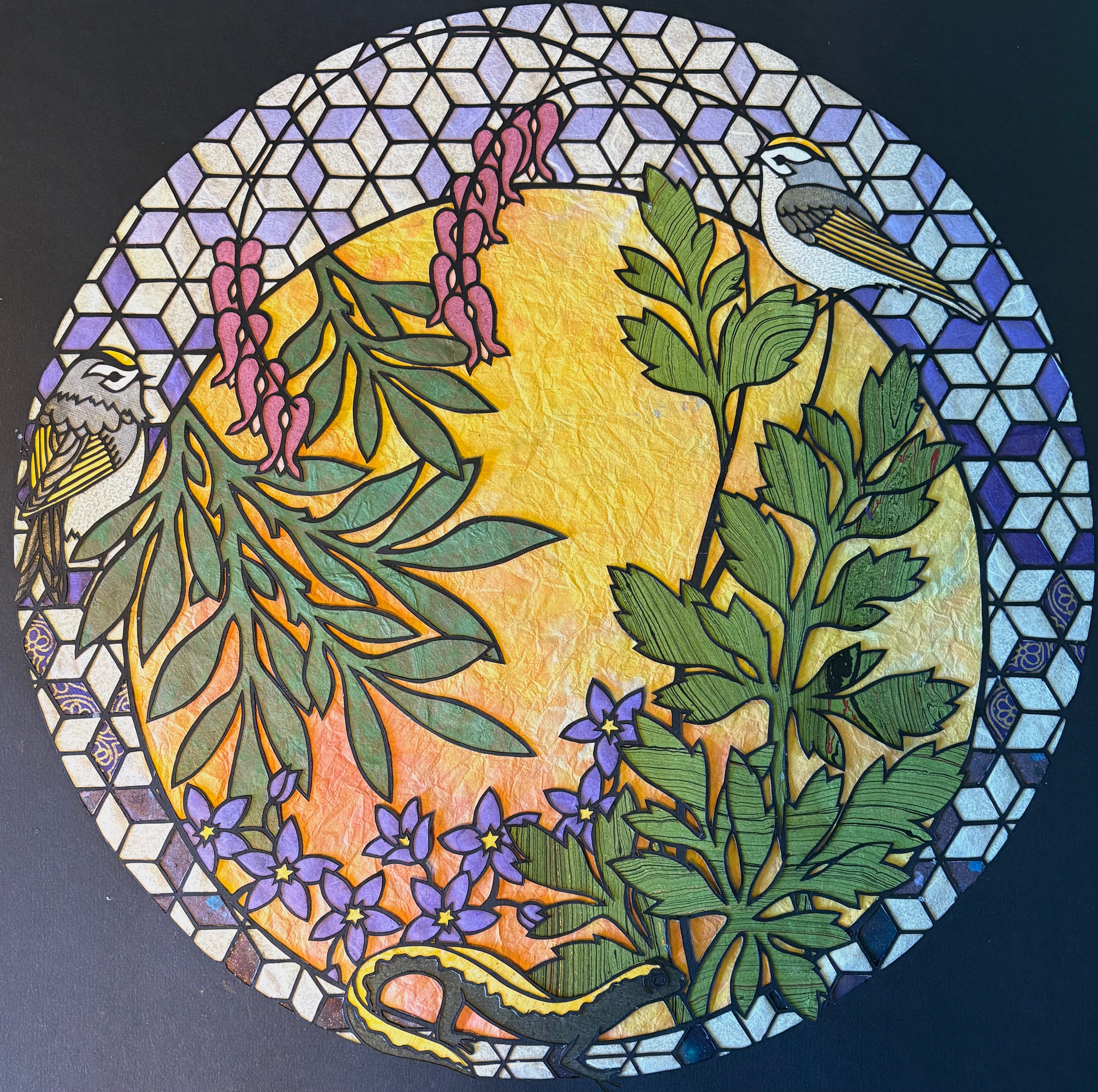 Circular paper cut featuring kinglet birds, bleeding hearts, violets, and geometric border pattern