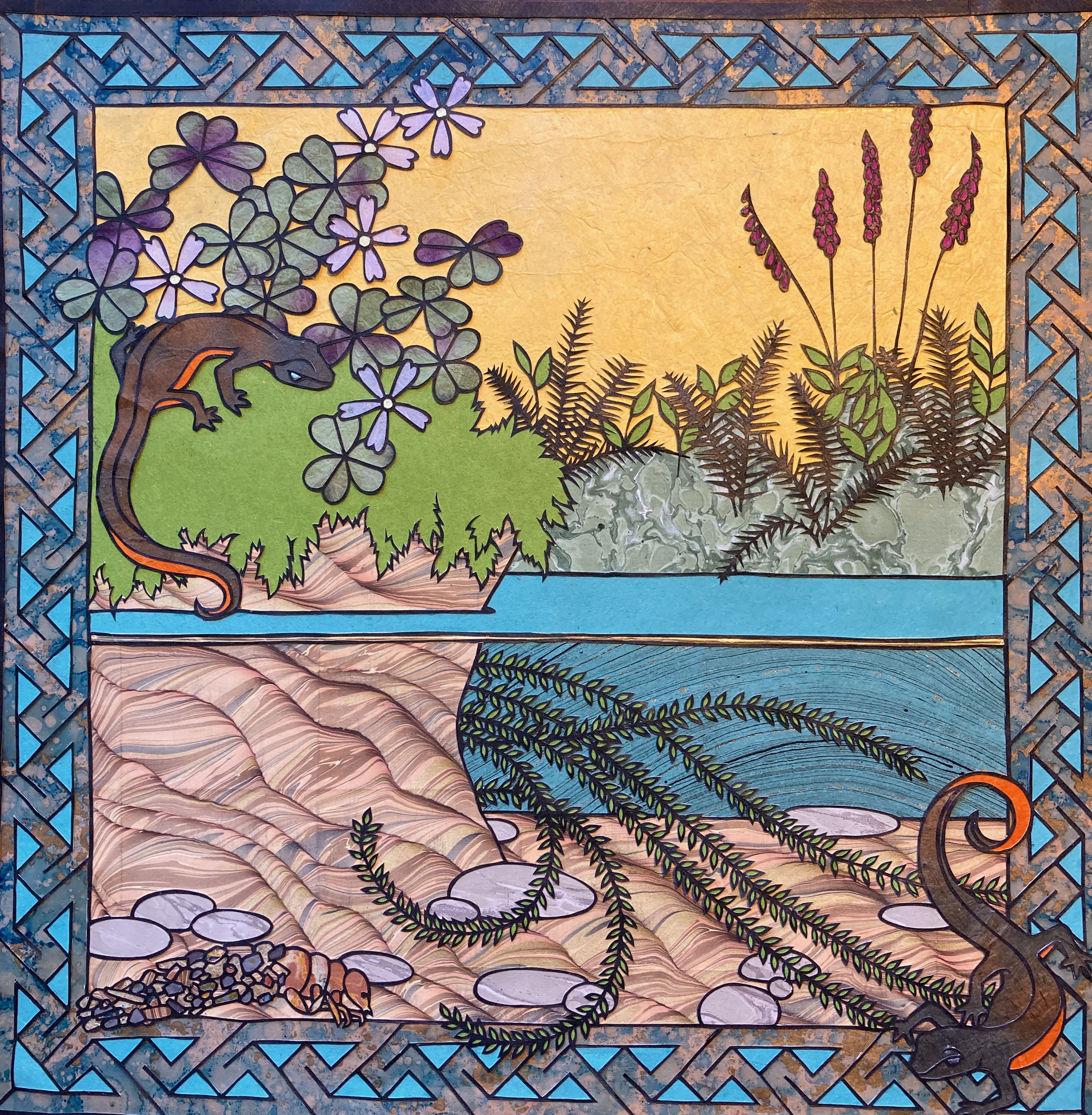 Two newts paper cut with flowers, ferns, and Celtic knot border